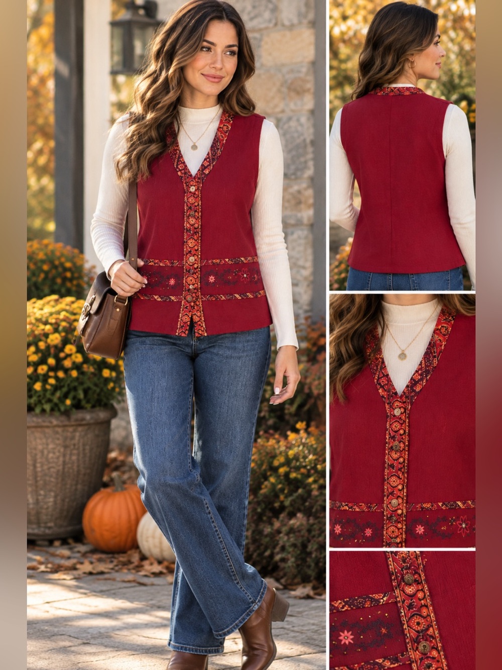 Vintage NWT 1990 Jantzen Red Embroidered V-Neck Vest
